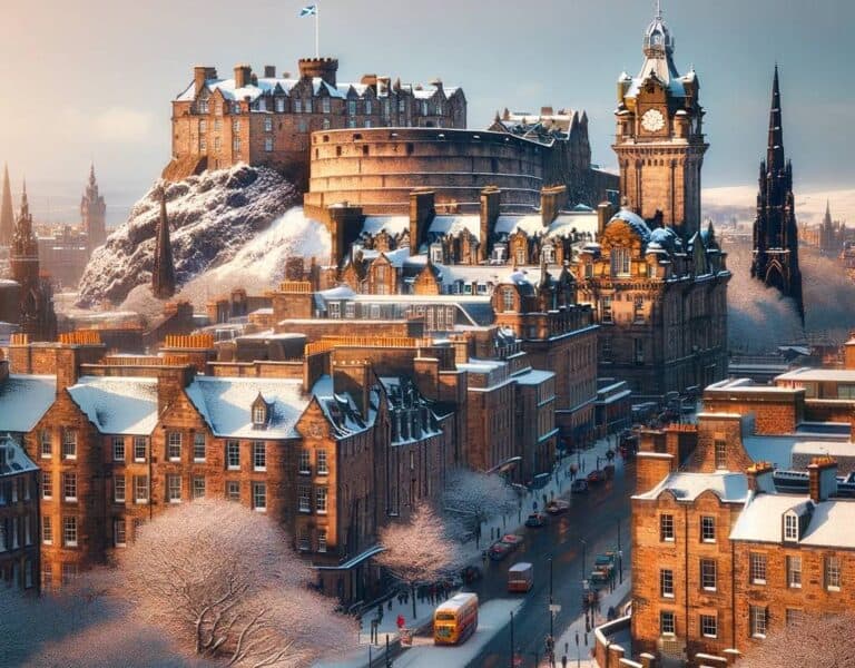 A winter view of Edinburgh with the castle perched on a snow-covered hill, historic buildings blanketed in snow, and city streets bustling with people and vehicles, under a clear sky