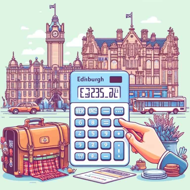 a classic Edinburgh street with a notable building in the background, featuring a clock tower and other historical architectural elements. In the foreground, a large calculator with the word "Edinburgh" at the top displays a monetary figure, "£225.02." Next to the calculator, a briefcase with a plaid cloth peeking out is surrounded by various travel-related items, including a plant, a bus ticket, a stack of coins, and a couple of hard candies. The scene evokes a sense of travel planning and budgeting in Edinburgh, with an emphasis on classic city imagery and calculating costs.