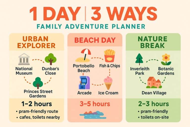 Infographic titled “1 Day | 3 Ways: Family Adventure Planner” with three themed day trip ideas for families in Edinburgh. The Urban Explorer plan includes the National Museum, Dunbar’s Close, and Princes Street Gardens (1–2 hours, pram-friendly, with cafes and toilets nearby). The Beach Day plan features Portobello Beach, fish & chips, arcade games, and ice cream (3–5 hours). The Nature Break plan suggests Inverleith Park, the Botanic Gardens, and Dean Village (2–3 hours, pram-friendly, toilets on-site). Each column is color-coded and illustrated with icons.