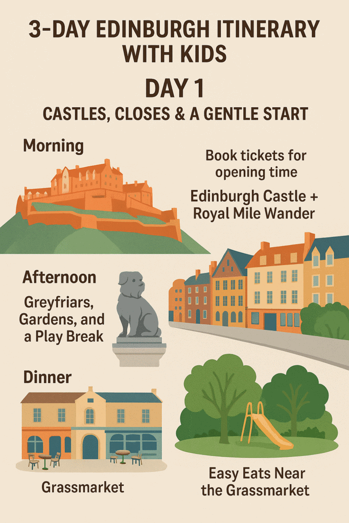 Illustrated overview of Day 1 of a 3-day Edinburgh itinerary with kids. Shows Edinburgh Castle and Royal Mile for the morning, Greyfriars, gardens, and a play break for the afternoon, and easy eats near the Grassmarket for dinner, with icons of a castle, colorful buildings, Greyfriars Bobby statue, playground, and café tables.