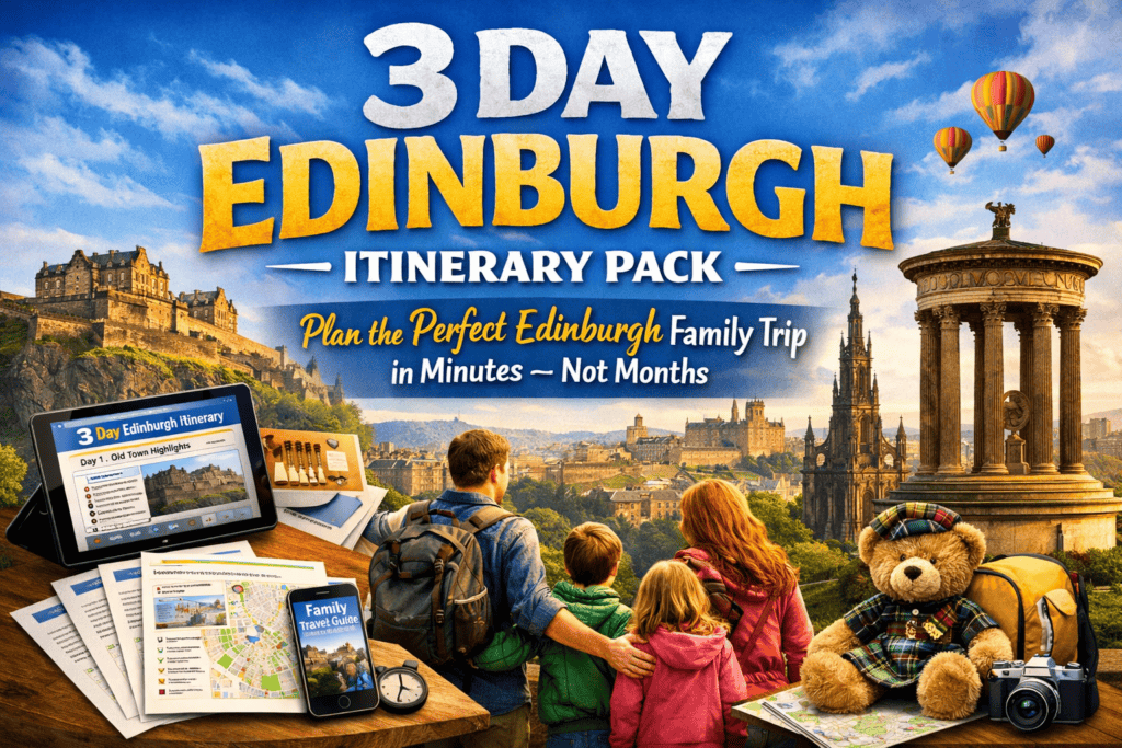 showing a smiling family of four overlooking Edinburgh with Edinburgh Castle and the Dugald Stewart Monument in the background under a bright blue sky. In the foreground a tablet and phone display a three day Edinburgh itinerary alongside printed maps and travel guides highlighting how the digital pack works. The image visually communicates an easy to use family focused Edinburgh itinerary designed to help parents plan a trip quickly and confidently.