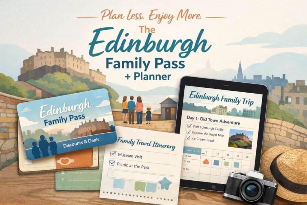 A warm digital mockup shows The Edinburgh Family Pass plus Planner with soft blue and neutral tones featuring Edinburgh Castle in the background. A digital family pass card sits beside a printed travel itinerary checklist and a tablet displaying a family friendly Edinburgh trip plan with checkboxes and a calendar. Text on the image reads Plan less. Enjoy more. The Edinburgh Family Pass plus Planner and conveys an organised stress free family trip to Edinburgh.