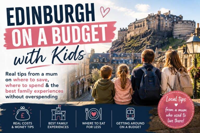 Edinburgh Castle overlooks the Old Town while a family of four sits together enjoying the view, introducing a guide to Edinburgh on a budget with kids. The graphic includes the text "EDINBURGH ON A BUDGET with Kids", "Real tips from a mum on where to save, where to spend & the best family experiences without overspending", "REAL COSTS & MONEY TIPS", "BEST FAMILY EXPERIENCES", "WHERE TO EAT FOR LESS", "GETTING AROUND ON A BUDGET", and "Local tips from a mum who used to live there!".