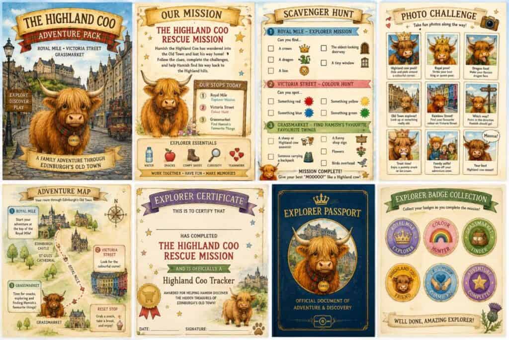 Printable eight page Highland Coo adventure pack for families exploring Edinburgh on a budget for kids. The watercolour themed activity set includes a Royal Mile, Victoria Street and Grassmarket scavenger hunt, photo challenges, a simple adventure map, explorer passport, badge collection sheet and a Highland Coo Tracker certificate, all featuring a friendly Highland cow character.